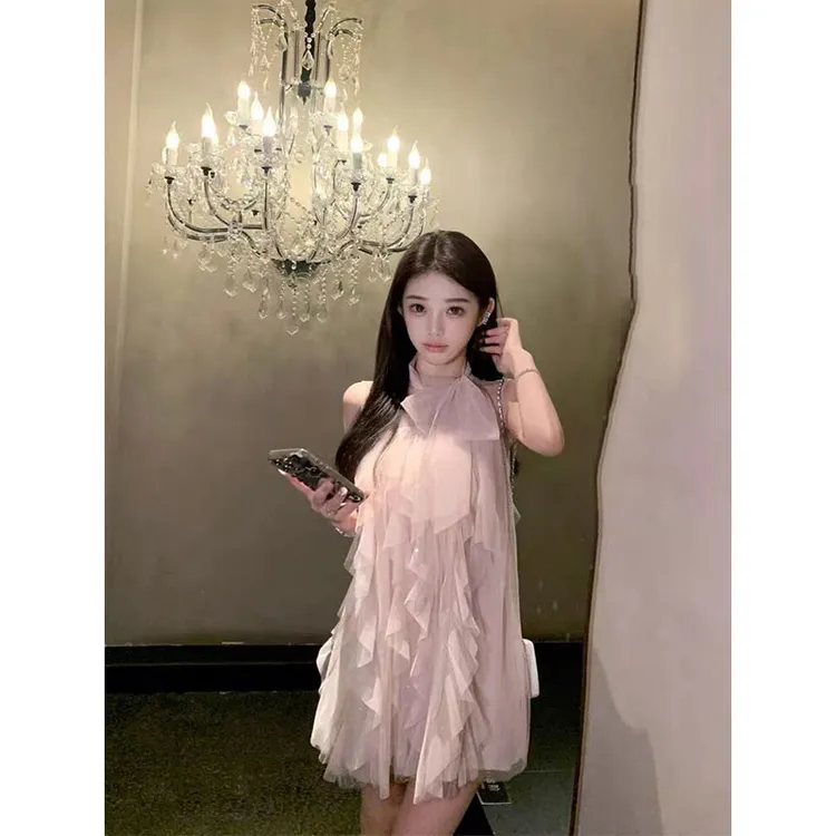 【层层悸动】2025夏季新款高级感重工亮片网纱系带连衣裙显瘦短裙女