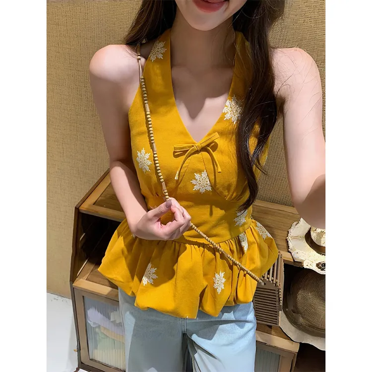 度月棠法式V领印花蝴蝶结吊带背心女设计感小众别致花苞挂脖上衣