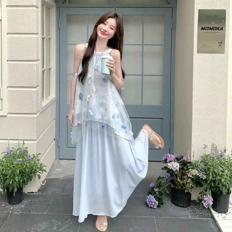 法式浪漫立体花朵甜美半身裙两件套纱拼接挂脖上衣套装显瘦