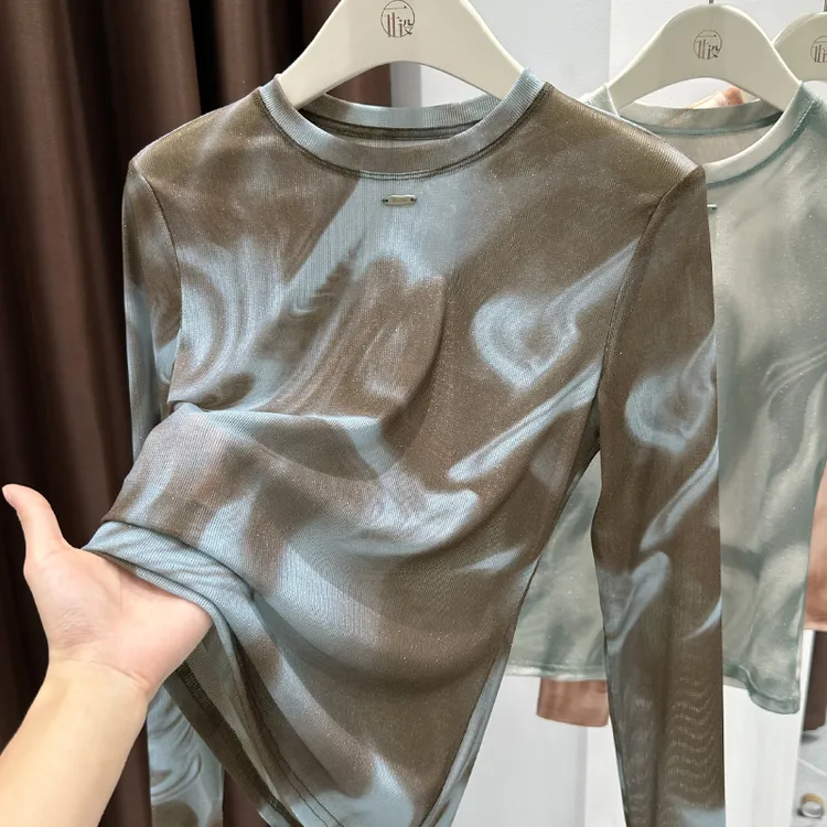 高弹力扎染圆领长袖内搭打底衫2025秋季新款修身显瘦法式纯色上衣