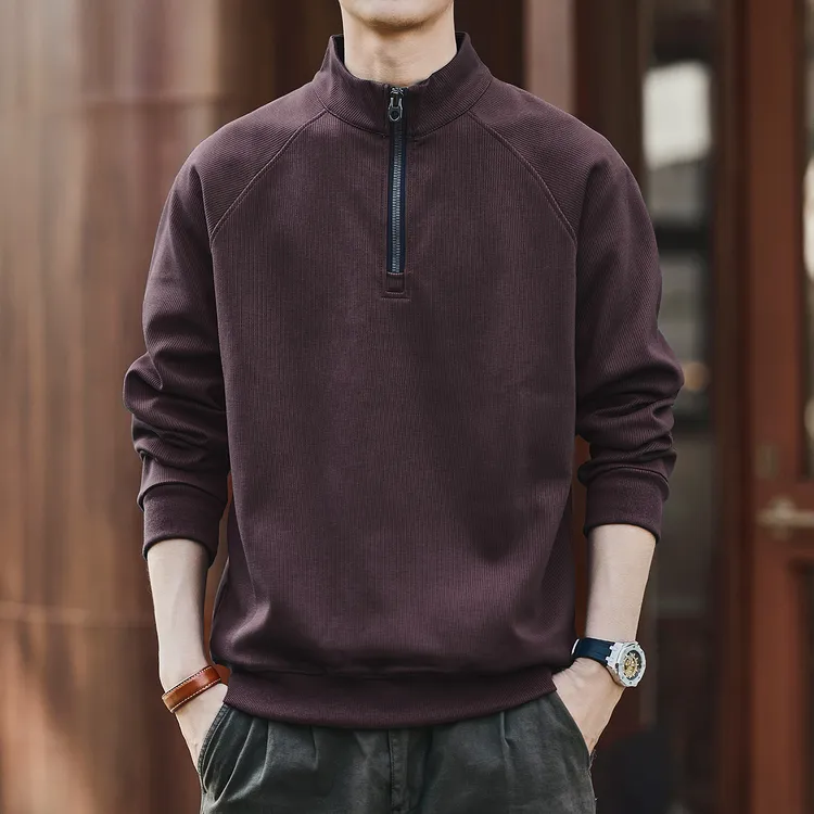 优桓美式复古立领长袖卫衣男秋冬季加绒潮牌宽松polo衫半拉链上衣