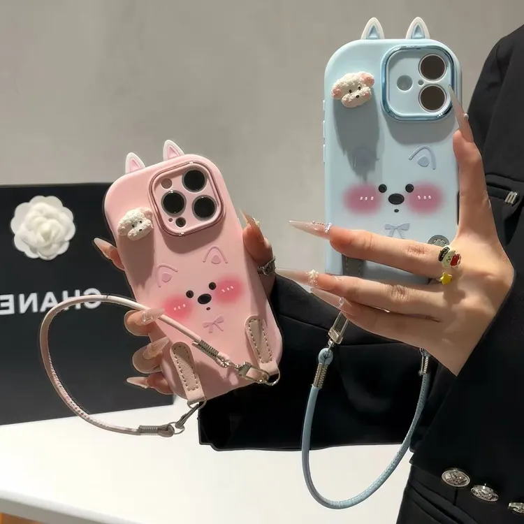 可爱小狗表情挂绳适用苹果17手机壳iPhone16华为vivo小米14oppo套