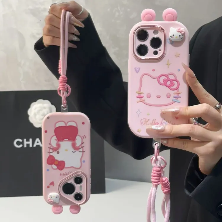 叮霖可爱耳朵粉凯蒂挂绳适用苹果17/16手机壳华为vivoppo小米15套