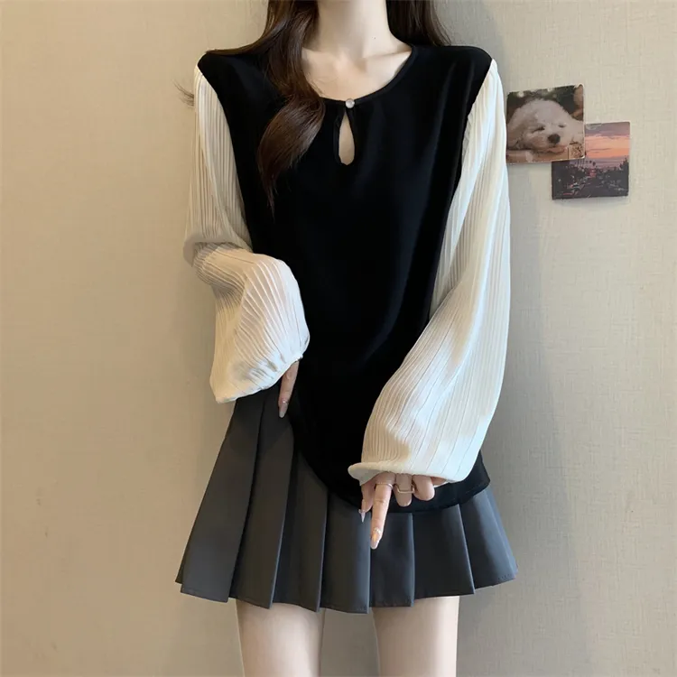 大码女装遮肚子圆领假两件拼接衬衫女春秋胖妹妹宽松显瘦百搭上衣