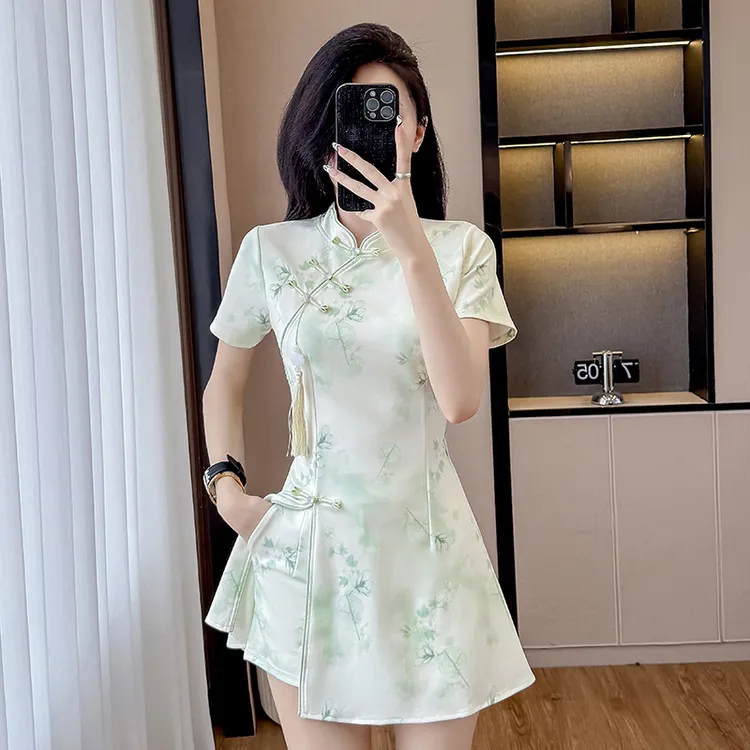 弹力改良旗袍新款温柔年轻款气质高端少女小个子套装短袖显瘦短款