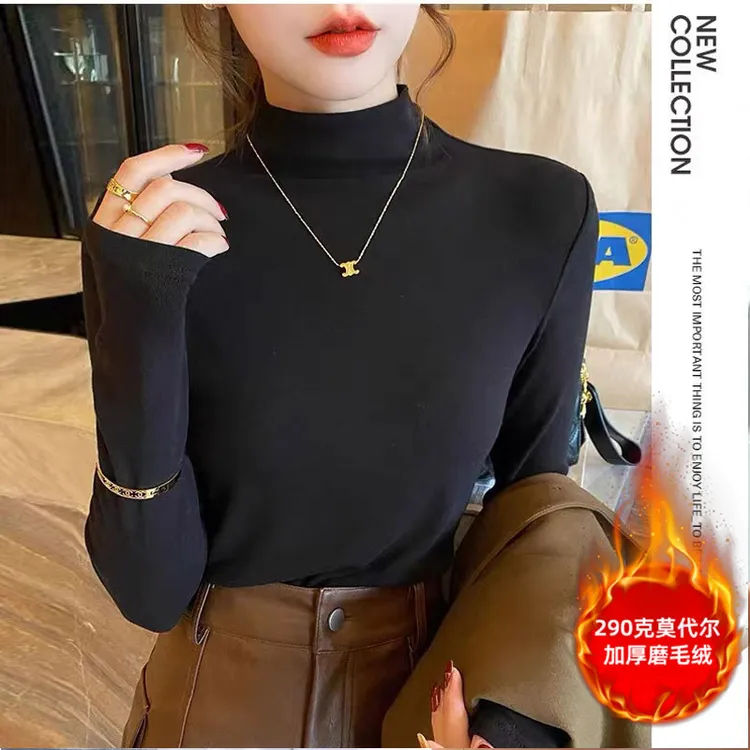 莫代尔中领打底衫女内搭加绒新款黑色半高领长袖秋冬季加厚上衣