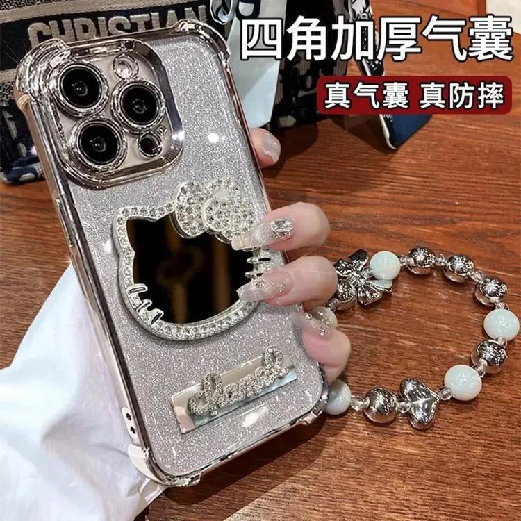 水钻KT猫镜子闪粉手机壳适用苹果华为/oppo/vivo电镀四角防摔支架