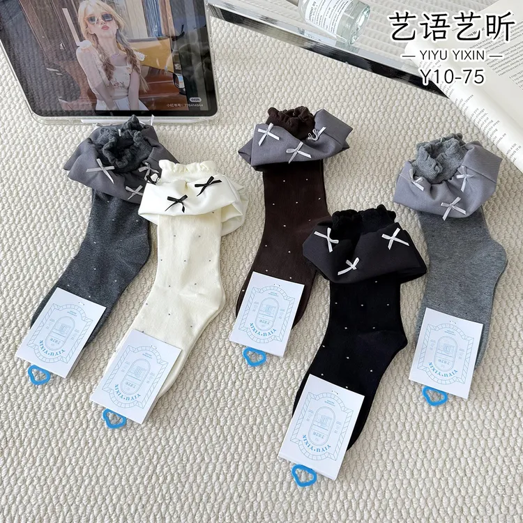 极简风蝴蝶结拼接秋季中筒袜少女风公主风透气