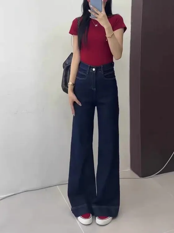 丹宁蓝复古高腰阔腿牛仔裤裤子阔腿裤女2025年宽松显瘦直筒裤新款