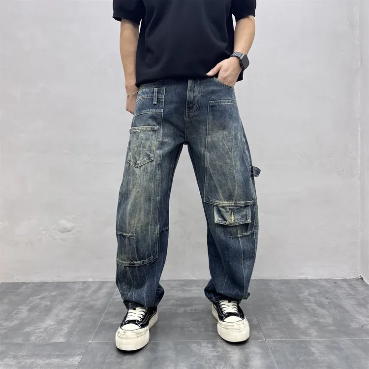 美式复古拼接工装牛仔裤男秋冬潮流高街设计感宽松直筒阔腿弯刀裤