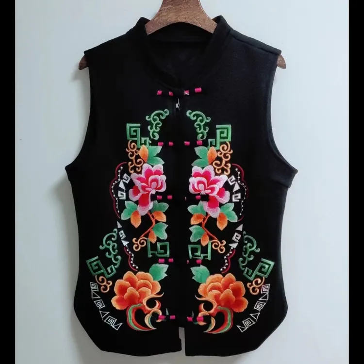 加绒中国风刺绣马甲短款