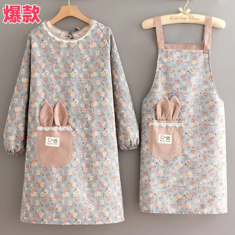 耐磨厨房做饭围裙韩版帆布女家用罩衣大人长袖工作服上班透气餐饮