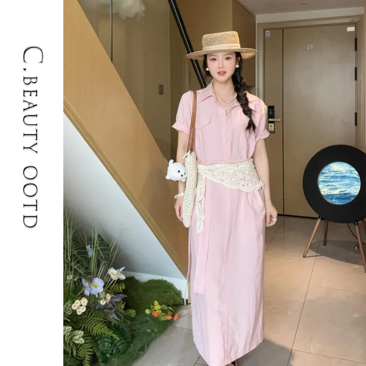 2025新款一体天丝亚麻衬衫短袖连衣裙女