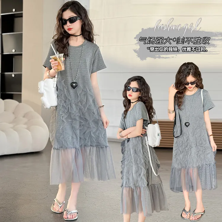 女童法式感灰色网纱拼接连衣裙儿童网红洋气夏季女孩中大童优雅潮