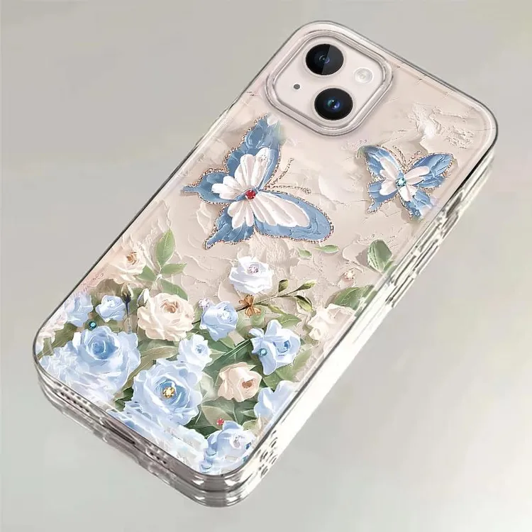 Lucky蓝色花朵蝴蝶适用iphone16苹果15手机壳小米vivo华为oppo套