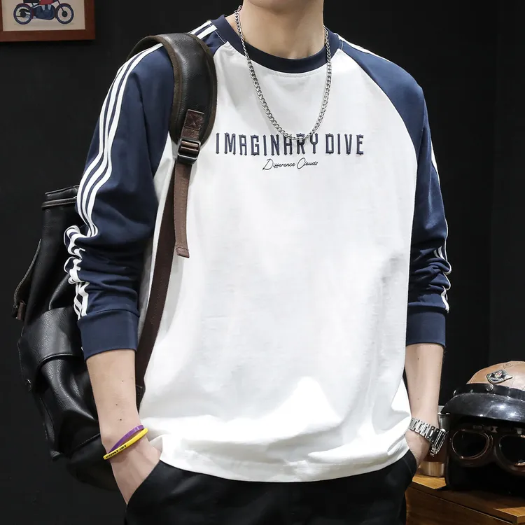 条纹三条杠拼接长袖t恤男纯棉宽松大码2025新款男士打底内搭衣服