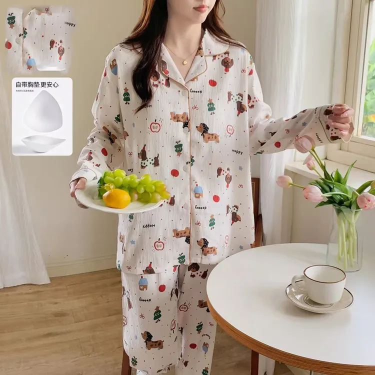 带胸垫甜美家居服套装卡通女士秋冬卡通大码睡衣长袖云朵棉梭织布