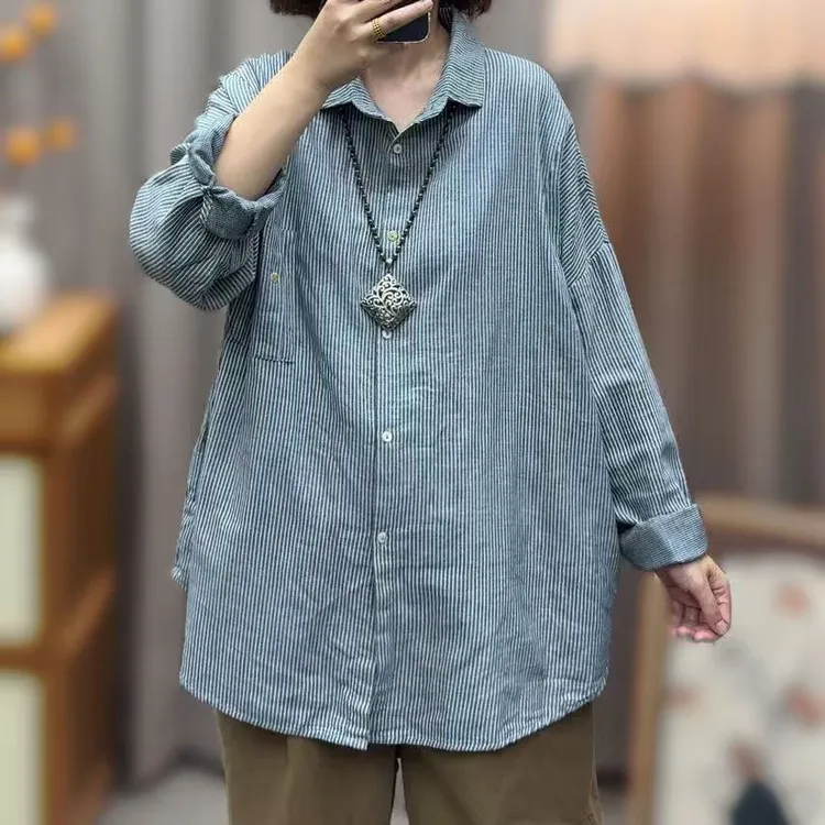2454秋新款长袖条纹衬衫棉纱翻领衬衣200斤