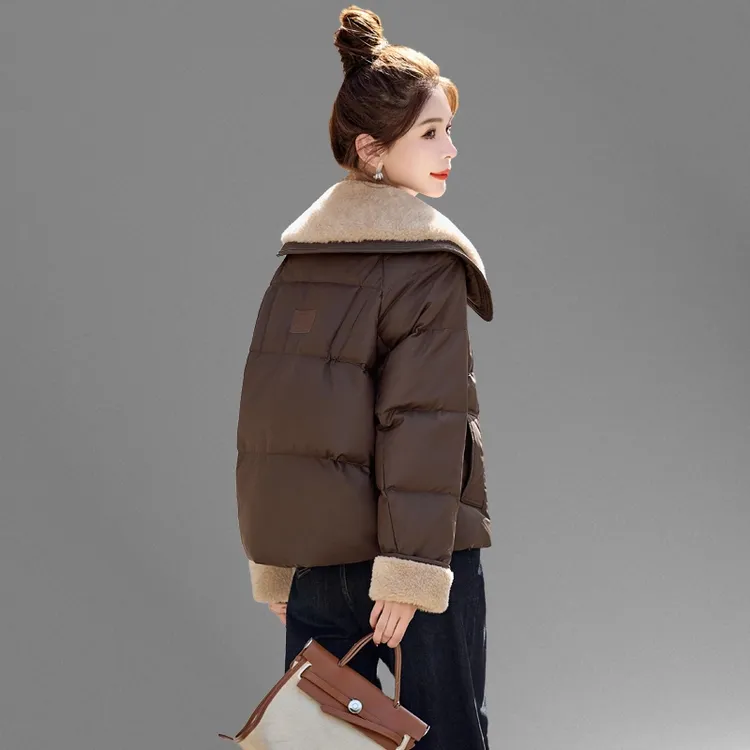 羊羔毛领拼接羽绒服女短款2025新款冬季小个子高端洋气白鸭绒外套