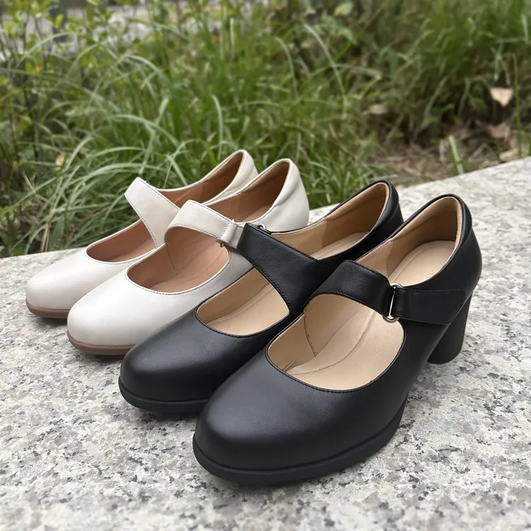 真皮女鞋粗跟浅口玛丽珍单鞋软底中跟舒适百搭工作鞋