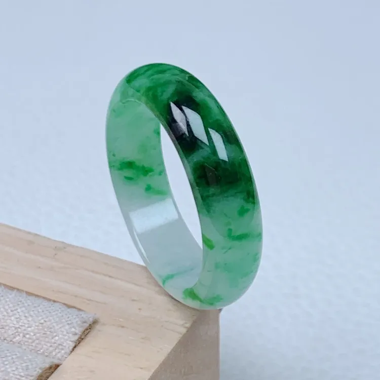 内径19.3缅甸天然翡翠A货老坑冰种辣绿素面圆环戒指男女奢华戒圈
