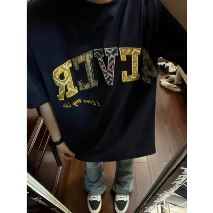 藏青色美式纯棉ins短袖T恤男夏季字母刺绣设计感宽松小众半袖上衣