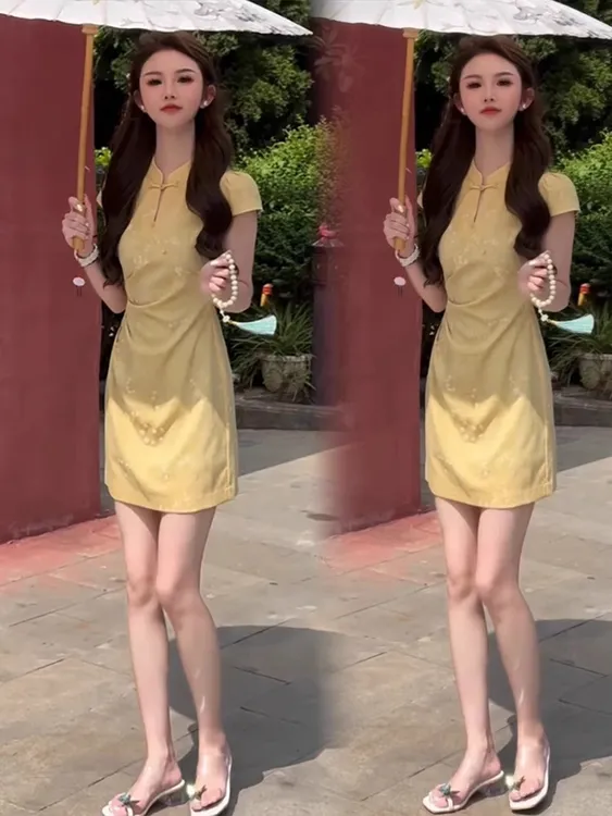 新中式提花改良旗袍女2025夏季新款洋气显瘦收腰中长款盘扣连衣裙