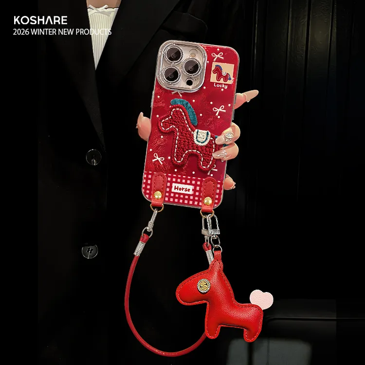 立体刺绣红马适用苹果17华为vivo/oppo小米iPhone16冰川纹手机壳