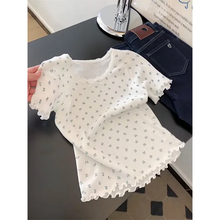 韩系白色碎花正肩短袖T恤女夏季小个子漂亮甜美木耳边短款小上衣