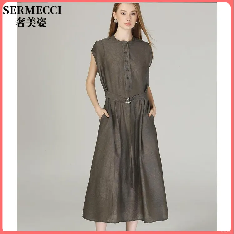 新中式文艺风轻奢提花圆领品牌夏款绑带缩褶收腰盖袖连衣裙女