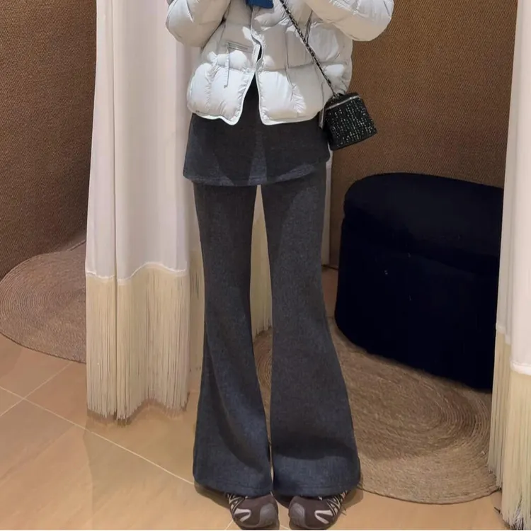 深灰色假两件屁帘微喇裤女秋冬新款加绒阔腿裤高腰显瘦毛呢喇叭裤