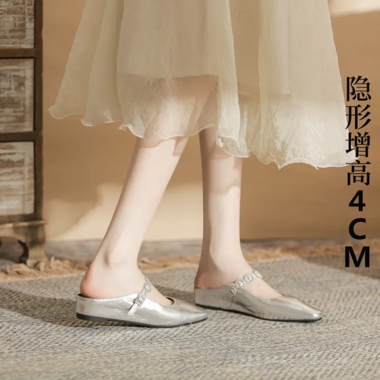 4cm真皮内增高银色包头女夏季外穿一字带法式方头穆勒凉拖鞋子