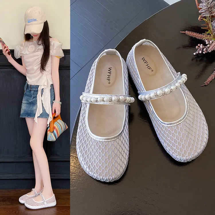 水钻浅口夏季镂空修面皮透气单鞋韩版豆豆鞋小香风镂空透网凉鞋