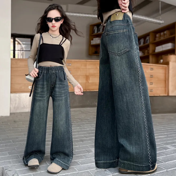 女童直筒裤宽松儿童中大童秋季刺绣牛仔裤2025新款潮流春秋阔腿裤