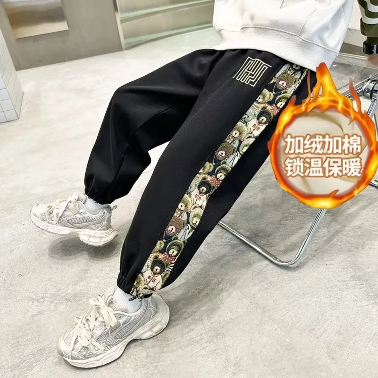 儿童装男童加绒长裤秋冬新款年服中大童冬季加厚运动裤绿色兔毛保