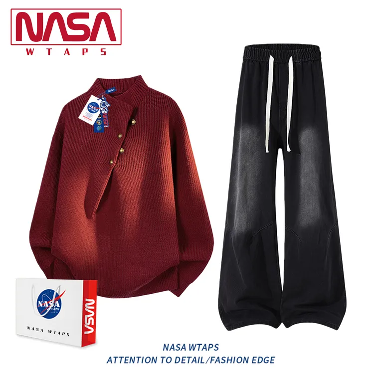 NASA WTAPS红色过节喜庆毛衣套装男冬季纽扣慵懒风休闲潮流两件套