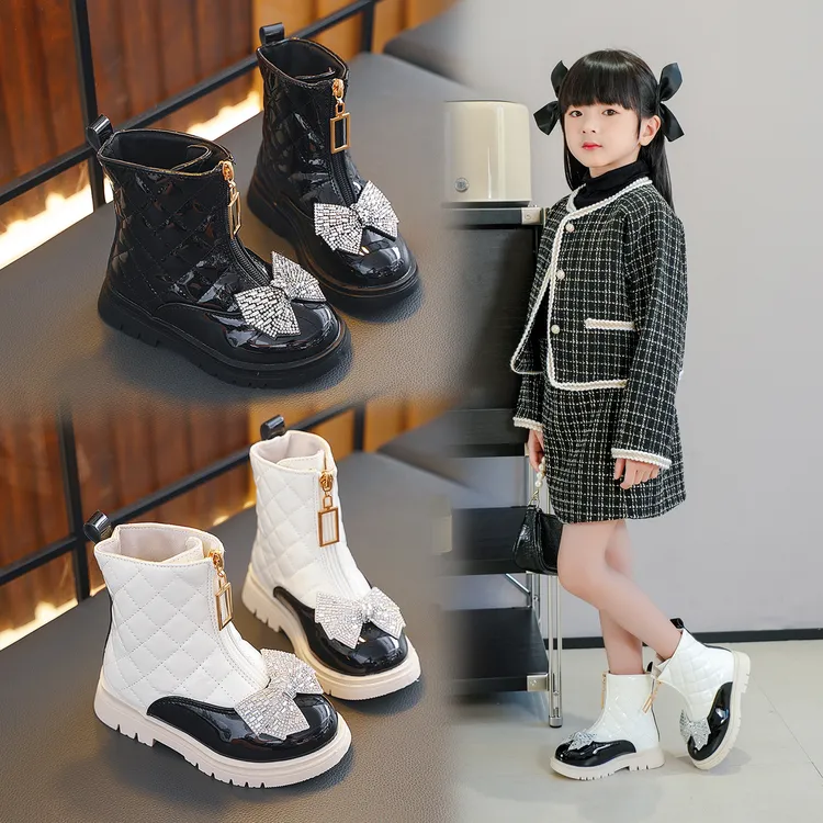 女童靴子公主风时尚蝴蝶结洋气女孩单靴秋冬款韩系皮靴高帮中筒靴
