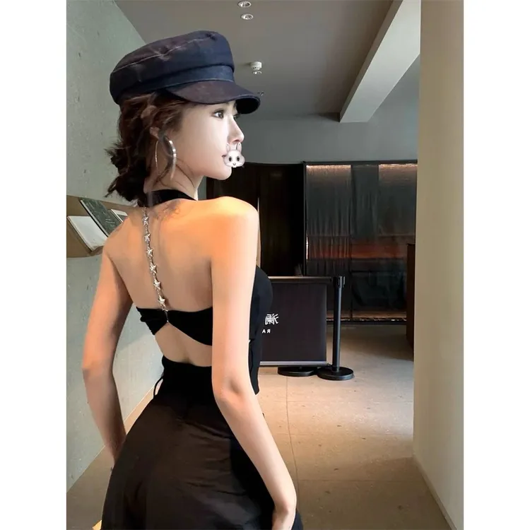全额运补 美式辣妹气质星星链条露背吊带 带胸垫挂脖背心短款上衣