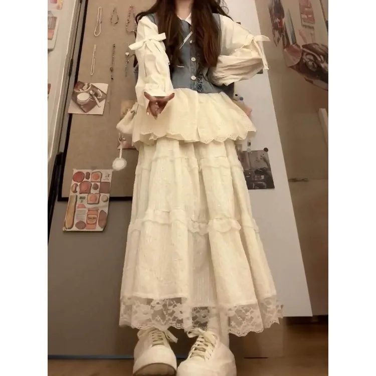 韩系休闲时尚一整套穿搭牛仔马甲蝴蝶结衬衫女搭配高腰蕾丝半身裙