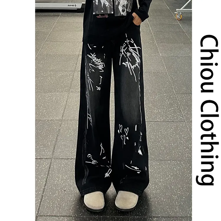 涂鸦直筒牛仔裤潮流秋季百搭阔腿裤小众设计水洗美式牛仔裤男款