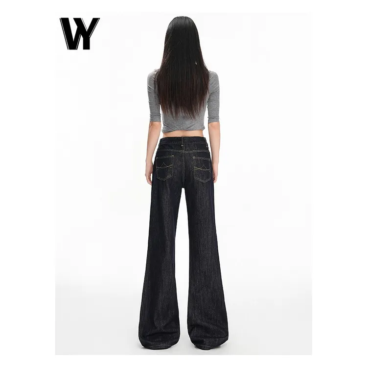 美式高街丹宁蓝阔腿牛仔裤女秋季2025新款低腰刺绣不贴腿直筒裤子