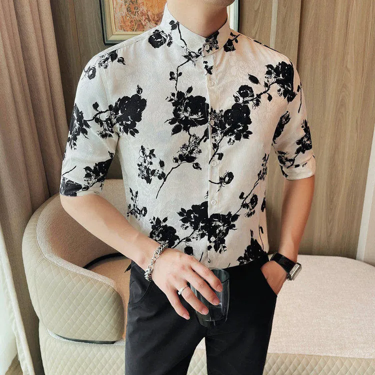 欧洲站印花短袖衬衫男士夏季新款中袖寸衣百搭修身立领五分袖衬衫