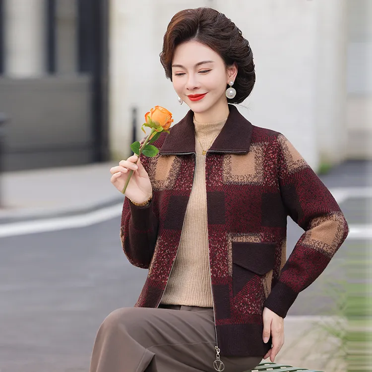 中年妈妈秋装外套小香风拉链毛呢开衫中年妇女上衣服2025秋季新款