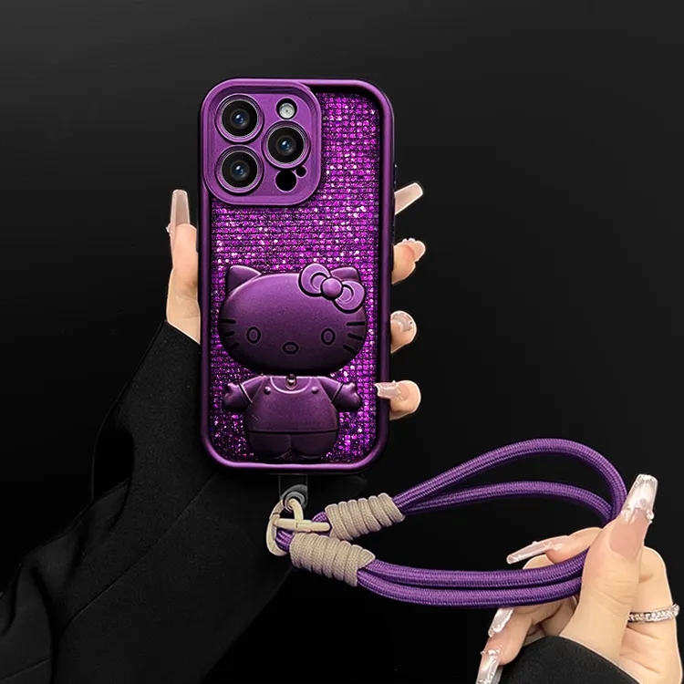 适用【苹果/oppo/华为/vivo/小米】梅子色闪紫kitty支架防摔手机壳