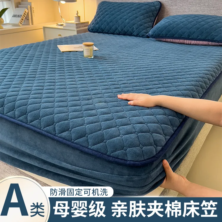 新款亲肤牛奶绒加厚夹棉床笠隔脏加绒防尘床罩套席梦思床垫保护罩商品图