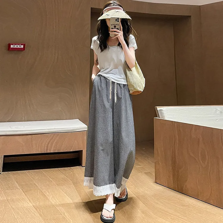 孕妇裤夏季薄款蕾丝花边阔腿裤2025新款小个子高腰垂感格子九分裤
