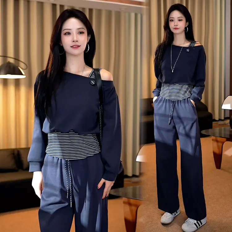 高含棉法式休闲套装女2025年春秋新款慵懒假两件上衣阔腿裤两件套