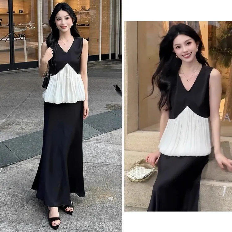 超好看夏季穿搭一整套女2025爆款韩系时尚撞色无袖上衣半身裙套装