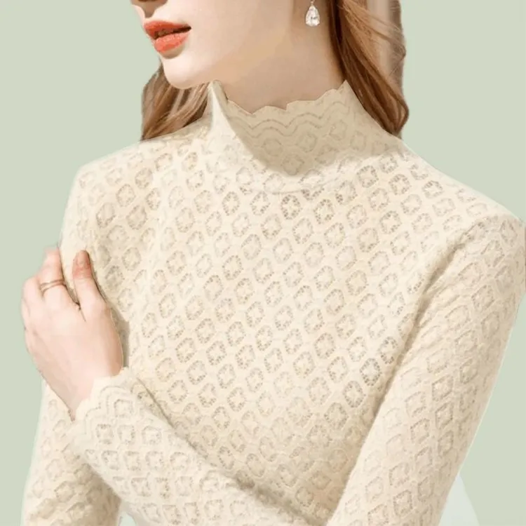 加绒蕾丝打底衫女秋冬新款欧洲站洋气高领时尚气质修身显瘦长袖上