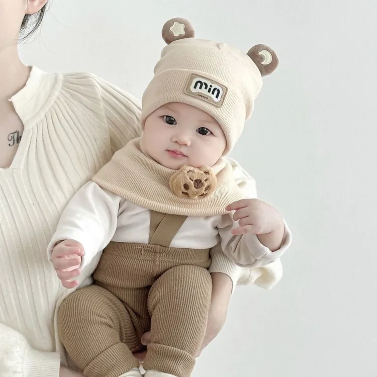 婴儿帽子秋冬季新生儿针织帽婴幼儿围脖小月龄毛线帽保暖胎帽